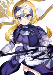 Rule 34 | 1girl, absurdres, armor, blonde hair, blue eyes, blush, braid, breasts, fate/apocrypha, fate/grand order, fate (series), faulds, gauntlets, headpiece, highres, jeanne d&#039;arc (fate), jeanne d&#039;arc (ruler) (fate), large breasts, long braid, long hair, looking at viewer, open mouth, same (sendai623), simple background, single braid, smile, solo, sword, very long hair, weapon, white background