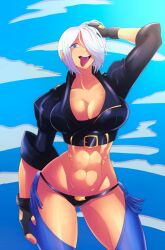 Rule 34 | 1girl, 2099bigredfan, abs, angel (kof), blue eyes, breasts, chaps, cleavage, fingerless gloves, gloves, hair over one eye, hand on own face, highres, jacket, large breasts, midriff, the king of fighters, the king of fighters xv, tongue, tongue out, white hair