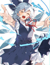 Rule 34 | 1girl, ^ ^, bloomers, blue bow, blue dress, blue hair, bow, bowtie, cirno, closed eyes, cowboy shot, detached wings, dress, hair bow, higa (gominami), highres, hydrokinesis, ice, ice wings, magic, open mouth, outstretched arms, red bow, red bowtie, red ribbon, ribbon, shirt, short hair, solo, teeth, touhou, underwear, water, white background, white bloomers, white shirt, wings