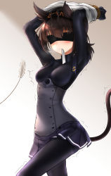 Rule 34 | 10s, 1girl, absurdres, anchor symbol, arms up, bdsm, black bodysuit, black skirt, blindfold, blush, bodysuit, bondage, bound, bound wrists, breasts, brown hair, cat tail, cat teaser, cattail, clothes writing, corset, cowboy shot, frown, gradient background, hair between eyes, hairband, hatsuzuki (kancolle), highres, kantai collection, kemonomimi mode, miniskirt, motion lines, mouth hold, nekodayo22, plant, pleated skirt, pointy hair, ribbon, ribbon in mouth, rope, school uniform, serafuku, shirt, shirt over head, unworn shirt, skirt, small breasts, solo, tail, trembling, undressing, white ribbon, white shirt