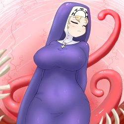 Rule 34 | 1girl, absurdres, arms behind back, blonde hair, breasts, cross, cross necklace, double (skullgirls), closed eyes, frown, highres, jewelry, large breasts, mesperal, necklace, nun, skullgirls, solo, tentacles