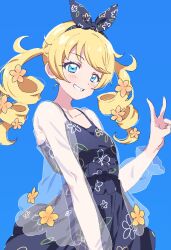 Rule 34 | 1girl, blonde hair, blue background, blue bow, blue dress, blue eyes, blue hairband, bow, breasts, commentary request, cowboy shot, dolldolldd, dress, drill hair, flower, grin, hair flower, hair ornament, hairband, hand up, highres, kiratto pri chan, korean commentary, long hair, looking at viewer, moegi emo, open mouth, orange flower, pretty series, see-through, see-through shirt, simple background, sleeveless, sleeveless dress, small breasts, smile, solo, standing, twin drills, twintails, v