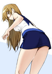 Rule 34 | 1girl, blue skirt, blush, breasts, brown hair, closed mouth, duel academy uniform (yu-gi-oh! gx), grey background, highres, leaning forward, long hair, medium breasts, miniskirt, rourou ill, shirt, simple background, skirt, sleeveless, sleeveless shirt, solo, standing, straight hair, swept bangs, tenjouin asuka, two-tone background, very long hair, white background, white shirt, yellow eyes, yu-gi-oh!, yu-gi-oh! gx