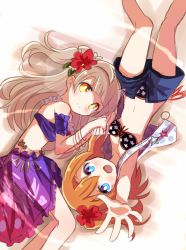 Rule 34 | 10s, 2girls, armband, bikini, blue eyes, bracelet, floral print, flower, from above, front-tie top, grey hair, hair flower, hair ornament, holding hands, jewelry, kosaka honoka, long hair, looking at viewer, love live!, love live! school idol festival, love live! school idol project, lying, minami kotori, multiple girls, on back, on side, one side up, open clothes, open shorts, open vest, orange hair, reaching, reaching towards viewer, shipii (jigglypuff), shorts, side-tie bottom, skirt, swimsuit, vest, yellow eyes