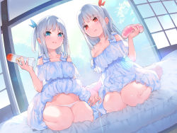 Rule 34 | 2girls, artificial vagina, bed, blue eyes, clothes lift, day, dress, fuzuki fuuro, highres, holding, holding hands, long hair, looking at viewer, multiple girls, on bed, one side up, original, panties, photoshop (medium), red eyes, seiza, sex toy, sitting, skirt, skirt lift, sliding doors, underwear, wariza, white dress, white hair, white panties