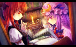 Rule 34 | 2girls, book, book stack, bookshelf, candle, chair, crescent, crescent hair ornament, crescent moon, cup, hair ornament, hat, head wings, koakuma, long hair, misaki (kyal 001), mob cap, moon, multiple girls, open book, patchouli knowledge, purple eyes, purple hair, reading, red eyes, red hair, sitting, steam, teacup, touhou, wings