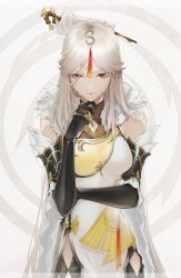 1girl bare_shoulders black_gloves china_dress chinese_clothes closed_mouth dress elbow_gloves fur_collar genshin_impact gloves hair_ornament hair_stick hairpin highres long_hair marumoru ningguang_(genshin_impact) orange_eyes parted_bangs white_dress white_hair