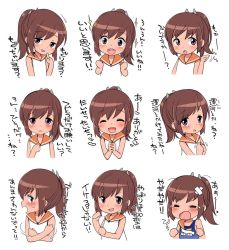Rule 34 | 10s, 1girl, :d, :o, ^ ^, bad id, bad twitter id, bandages, bandaid, bare shoulders, brown hair, clenched hands, closed eyes, dark skin, expressions, finger to mouth, fujisaki hikari, heart, highres, i-401 (kancolle), kantai collection, open mouth, own hands together, ponytail, sailor collar, school swimsuit, simple background, smile, sparkle, sweatdrop, swimsuit, tears, teeth, text focus, torn clothes, translation request, upper body, white background, wince