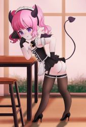 Rule 34 | artist request, ass, chair, cross, demon girl, demon tail, duster, feather duster, flat chest, gloves, grass, high heels, highres, horns, indie virtual youtuber, kyuotto, maid, maid headdress, panties, pink hair, purple eyes, solo, table, tail, underwear