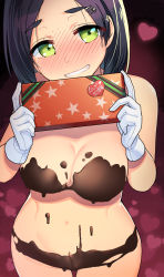 Rule 34 | 1girl, black hair, blush, box, breasts, chocolate, chocolate on body, chocolate on breasts, cowboy shot, food on body, gift, gift box, gloves, green eyes, grin, hair ornament, hairclip, heart, heart background, highres, holding, holding gift, kantai collection, kuroshio (kancolle), large breasts, looking at viewer, short hair, smile, solo, taketora suzume, valentine, white gloves