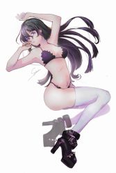 Rule 34 | 1girl, absurdres, ankle belt, artist name, bad id, bad pixiv id, bikini, black hair, breasts, covered erect nipples, earrings, full body, high heels, highres, jewelry, long hair, looking at viewer, lying, medium breasts, on back, original, outstretched arms, purple eyes, solo, spread arms, suyari, swimsuit, thighhighs, white background, white thighhighs