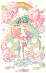 Rule 34 | 1girl, blush, blush stickers, boots, cherry, cherry blossoms, cherry hair ornament, detached sleeves, flower, food, food-themed hair ornament, fruit, green eyes, green hair, hair flower, hair ornament, hatsune miku, highres, leaf, long hair, matching hair/eyes, miri (cherryjelly), necktie, open mouth, pink footwear, puddle, rainbow, sakura miku, skirt, smile, solo, thigh boots, thighhighs, twintails, umbrella, very long hair, vocaloid, wide sleeves, zettai ryouiki