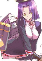 Rule 34 | 10s, commentary request, dress, gloves, halo, kantai collection, leaning forward, looking at viewer, mechanical halo, parted bangs, purple hair, rigging, smile, solo, tatsuta (kancolle), torichamaru, yellow eyes