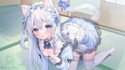 Rule 34 | 1girl, absurdres, all fours, animal ear fluff, animal ears, apron, arm up, artist logo, artist name, black bow, black choker, black ribbon, blue dress, blue eyes, blue hairband, blue ribbon, blush, bow, braid, cat ears, cat girl, cat tail, choker, dragon hair ornament, dress, fang, frilled apron, frilled dress, frills, gloves, hairband, heart, heart choker, highres, kabashima hana, long hair, long sleeves, looking at viewer, maid, maid headdress, neck ribbon, open mouth, original, ribbon, solo, tail, tail ornament, tail raised, tail ribbon, thighhighs, white apron, white gloves, white hair, white thighhighs