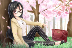 Rule 34 | 1girl, bag, beige jacket, black footwear, black hair, black pants, blurry, blurry foreground, cherry blossoms, closed mouth, collarbone, commentary request, day, depth of field, flower, glasses, hair between eyes, highres, inahori, jacket, jewelry, long hair, long sleeves, looking at viewer, looking to the side, official art, open clothes, open jacket, original, outdoors, pants, pendant, pink flower, pinstripe pants, pinstripe pattern, red eyes, shirt, sitting, smile, solo, striped clothes, striped pants, tree, vertical-striped clothes, vertical-striped pants, very long hair, white shirt