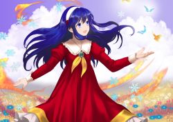 Rule 34 | 1girl, :d, blue eyes, blue flower, blue hair, blurry, blurry background, bug, butterfly, cloud, day, dress, field, fire emblem, fire emblem: the binding blade, floating hair, flower, flower field, green flower, green rose, hair between eyes, hairband, insect, lilina (fire emblem), long dress, long hair, long sleeves, neckerchief, nintendo, open mouth, outdoors, red dress, rose, shoochiku bai, smile, snowflakes, solo, standing, very long hair, white hairband, yellow neckerchief