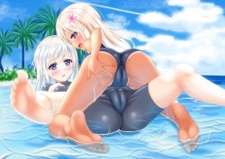 Rule 34 | 10s, 2girls, all fours, ass, barefoot, bike shorts, blonde hair, blue eyes, blush, bodysuit, cameltoe, cloud, dark skin, dark-skinned female, day, feet, flower, from behind, hair flower, hair ornament, hand on own ass, kantai collection, kneepits, leg lift, legs, legs up, long hair, looking back, lying, multiple girls, naughty face, ocean, on back, one-piece swimsuit, open mouth, outdoors, palm tree, partially submerged, presenting, ro-500 (kancolle), school swimsuit, school uniform, serafuku, shirouzu myuuta, shirt, silver hair, sky, smile, soles, spread legs, swimsuit, swimsuit under clothes, take your pick, tan, tanline, toes, tree, u-511 (kancolle), water