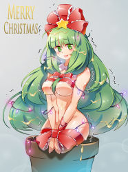 Rule 34 | 1girl, :d, ahoge, alternate hair length, alternate hairstyle, bdsm, blush, bondage, bound, bound wrists, breasts, breath, chinese commentary, christmas, christmas lights, commentary request, cowboy shot, flower pot, frilled ribbon, frills, front ponytail, green eyes, green hair, grey background, groin, hair ornament, hair ribbon, highres, kagiyama hina, lens flare, long hair, looking at viewer, medium breasts, merry christmas, navel, no nipples, nude, open mouth, red ribbon, ribbon, simple background, smile, solo, star (symbol), star hair ornament, stomach, sweat, touhou, very long hair, xin yu hua yin