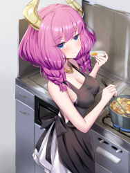 Rule 34 | 1girl, apron, aura (sousou no frieren), bare arms, bare shoulders, black apron, blue eyes, blush, braid, breasts, cleavage, closed mouth, commentary request, cooking pot, demon horns, grey background, habu rin, highres, holding, horns, ladle, long hair, medium breasts, pink hair, pleated skirt, simple background, skirt, smile, solo, sousou no frieren, standing, white skirt
