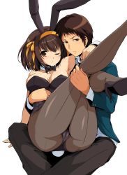 Rule 34 | 1boy, 1girl, animal ears, arm around neck, armpits, ass, bare arms, bare shoulders, black bow, black bowtie, blouse, blush, bob cut, border, bow, bowtie, breasts, brown hair, brown pantyhose, cleavage, closed mouth, collared shirt, detached collar, fake animal ears, frown, haruhisky, high heels, highres, kyon, large breasts, leg lift, legs up, leotard, long sleeves, looking at viewer, one eye closed, pants, pantyhose, playboy bunny, rabbit ears, revision, shirt, short hair, simple background, sitting, sitting on person, stiletto heels, suzumiya haruhi, suzumiya haruhi no yuuutsu, thighs, tsundere, v-shaped eyebrows, white background, white shirt, wide hips, wrist cuffs