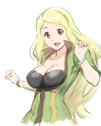 Rule 34 | 10s, 1girl, :d, blonde hair, bracelet, breasts, cleavage, jewelry, large breasts, log horizon, long hair, marielle (log horizon), necklace, open mouth, simple background, smile, solo, ueyama michirou, white background, yellow eyes