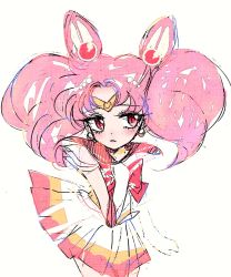 Rule 34 | 1girl, bishoujo senshi sailor moon, blush, bow, chibi usa, choker, crescent, crescent earrings, crescent moon, earrings, elbow gloves, gloves, hair ornament, hand on own chest, highres, image sample, jewelry, moon, multicolored clothes, multicolored skirt, pink hair, pleated skirt, red bow, red eyes, sailor chibi moon, sailor collar, sailor senshi, short twintails, skirt, super sailor chibi moon, tiara, twintails, ura (larme miel), white gloves