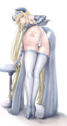 Rule 34 | 1girl, :o, absurdres, alternate costume, arknights, ass, bare shoulders, bent over, blue eyes, blue hairband, blush, braid, clothes lift, dragon horns, dress, dress lift, elbow gloves, from behind, full body, gloves, grey dress, grey footwear, grey gloves, grey thighhighs, hairband, high heels, highres, horns, lifting own clothes, long hair, looking at viewer, looking back, panties, parted lips, pointy ears, poni (poni arknights), saileach (arknights), simple background, slap mark, solo, standing, thigh gap, thighhighs, twin braids, underwear, very long hair, white background, white panties