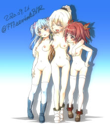 Rule 34 | akino kaede, blonde hair, blue eyes, blue hair, breasts, brown eyes, censored, closed eyes, magia record: mahou shoujo madoka magica gaiden, mahou shoujo madoka magica, medium breasts, minami rena, multiple girls, nipples, nude, pussy, red hair, simple background, subuina, thighhighs, togame momoko