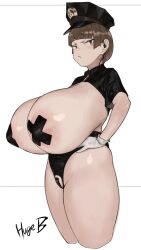 Rule 34 | 1girl, areola slip, artist name, black hat, blunt bangs, breasts, brown hair, closed mouth, commentary request, cowboy shot, cropped legs, cross pasties, earpiece, gigantic breasts, gloves, hand on own hip, hat, highres, huge b (fantia 511782), looking at viewer, medium hair, original, pasties, simple background, solo, thick thighs, thighs, tsurime, white background, white gloves, wing collar