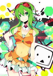 Rule 34 | 10s, 1girl, 2013, :&lt;, absurdres, antennae, artist name, bad id, bad nicoseiga id, belt, contrapposto, crop top, dated, english text, goggles, goggles on head, green eyes, green hair, gumi, hand on own hip, headphones, headset, highres, bridal garter, looking at viewer, merlusa, midriff, navel, niconico, short hair, short hair with long locks, skirt, smile, standing, tareme, television, vocaloid, wrist cuffs