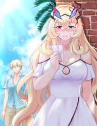 Rule 34 | alternate costume, bare shoulders, blonde hair, blue shirt, blue sky, blush, breasts, brick wall, brown shorts, closed mouth, cloud, collarbone, commentary request, dress, barghest (fate), fate/grand order, fate (series), gawain (fate), green eyes, hair ornament, heterochromia, holding, holding paper, large breasts, outdoors, paper, red eyes, saksan123, shirt, shorts, sky, sunlight, white dress