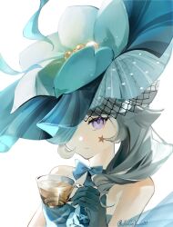 Rule 34 | 1girl, aqua choker, aqua gloves, aqua hat, artist name, bare shoulders, choker, commentary request, cup, facial tattoo, genshin impact, gloves, highres, holding, holding cup, light brown hair, looking at viewer, lynette (genshin impact), medium hair, one eye covered, parted lips, purple eyes, ribbon choker, signature, simple background, solo, star tattoo, stella (105 yoru), tattoo, teacup, upper body, white background
