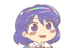 Rule 34 | 1girl, blue eyes, blue hair, blush, buttons, cape, commentary, dot nose, gyate gyate, hairband, ikiyouz, multicolored hairband, open mouth, portrait, rainbow gradient, short hair, solo, tenkyuu chimata, touhou, transparent background, white background, white cape