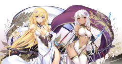 Rule 34 | 2girls, 47agdragon, :o, banner, bare shoulders, blonde hair, breasts, cowboy shot, crescent, crescent hair ornament, dark elf, detached sleeves, dress, elf, flag, flower, hair flower, hair ornament, hand on own hip, katana, long hair, looking at viewer, maou to an mattari yuttari seikaiseifuku, medium breasts, multiple girls, navel, parted lips, pelvic curtain, pointy ears, purple eyes, red eyes, scabbard, sheath, sheathed, side slit, sidelocks, small breasts, smile, sword, thighhighs, very long hair, weapon, white dress, white hair, white legwear