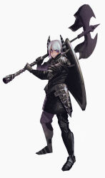 Rule 34 | 1girl, absurdres, armor, armored boots, axe, black armor, boots, breastplate, closed mouth, copyright request, dethmaid, full armor, gauntlets, grey hair, highres, holding, holding axe, holding weapon, horns, looking at viewer, medium hair, over shoulder, purple eyes, shield, short hair, shoulder armor, simple background, solo, standing, weapon, weapon over shoulder, white background
