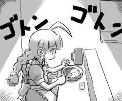 Rule 34 | 1girl, ahoge, apron, braid, curry, curry rice, food, glass, greyscale, indoors, long hair, me-tan, monochrome, os-tan, profile, rice, sitting, solo, twin braids