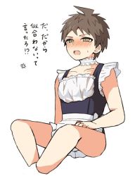 Rule 34 | 1boy, ahoge, alternate costume, anger vein, apron, black dress, blush, brown eyes, brown hair, collarbone, commentary request, cropped legs, cropped vest, crossdressing, dagasi xzx, danganronpa (series), danganronpa 2: goodbye despair, dress, enmaided, grey background, hinata hajime, invisible chair, maid, nose blush, short hair, simple background, sitting, solo, sweat, tearing up, teeth, translated, upper teeth only, vest, waist apron, white apron, white background
