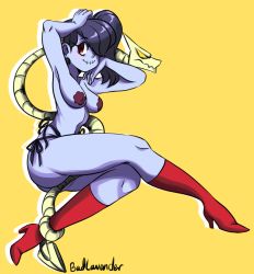 Rule 34 | 1girl, ass, badlavender, blue skin, boots, breasts, cleavage, colored skin, hair over one eye, high heel boots, high heels, nipples, pasties, red heels, skullgirls, squigly (skullgirls), stitched mouth, stitches, thick thighs, thighs, topless, zombie