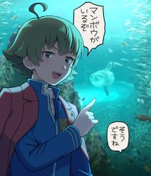 Rule 34 | 1boy, ace attorney, ace attorney investigations, ace attorney investigations 2, ahoge, aquarium, blue jacket, blush, brown eyes, brown hair, fish, flipped hair, gloves, highres, ichiyanagi yumihiko, jacket, jacket on shoulders, long sleeves, looking at viewer, male focus, numae kaeru, open mouth, photo inset, pointing, school uniform, shirt, short hair, smile, solo, sunfish, uniform, white gloves