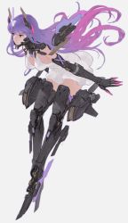 Rule 34 | 1girl, absurdres, breasts, covered erect nipples, cyberpunk, dress, highres, large breasts, mechanic, mechanical arms, mechanical parts, original, prosthesis, prosthetic arm, prosthetic fingers, prosthetic hand, prosthetic leg, purple eyes, purple hair, simple background, solo, thighs, wave 61, white background, white dress