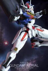 Rule 34 | artist name, character name, copyright name, english text, gundam, gundam aerial, gundam suisei no majo, haonfest, highres, looking at viewer, mecha, mecha focus, no humans, red star, robot, science fiction, space, star (symbol)