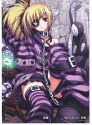 Rule 34 | 1girl, 5pb., :&lt;, against wall, bandages, bare shoulders, blonde hair, chain, collar, concrete, drill hair, earrings, eyepatch, flat chest, highres, jewelry, leash, long hair, m (phantom breaker), matsuryuu, official art, oversized clothes, parted lips, phantom breaker, pleated skirt, red eyes, side ponytail, sitting, skirt, solo, striped clothes, striped thighhighs, stuffed toy, sweater, thighhighs