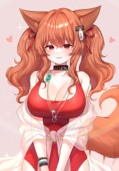 Rule 34 | 1girl, angelina (arknights), angelina (summer flower) (arknights), animal ears, arknights, black collar, breasts, brown hair, casual one-piece swimsuit, cleavage, collar, collarbone, cowboy shot, earpiece, fox ears, fox girl, fox tail, hair ornament, hair ribbon, hairclip, heart, highres, hyeroin, infection monitor (arknights), jewelry, large breasts, long hair, looking at viewer, necklace, official alternate costume, one-piece swimsuit, parted lips, pink background, red eyes, red ribbon, ribbon, sarong, simple background, smile, solo, standing, swimsuit, tail, twintails, white sarong