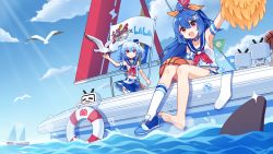Rule 34 | 2girls, ball, barefoot, basketball, basketball (object), bili girl 22, bili girl 33, bilibili, bird, blue hair, blue skirt, blush, boat, closed mouth, cloud, cloudy sky, collarbone, day, feet, flag, highres, holding, holding ball, kneehighs, long hair, looking at viewer, multiple girls, navel, official art, official wallpaper, open mouth, outdoors, ponytail, red eyes, seagull, sharlorc, shoes, unworn shoes, short hair, short ponytail, side ponytail, single shoe, single sock, sitting, skirt, sky, smile, socks, wallpaper, watercraft, white legwear