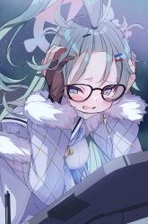Rule 34 | 1girl, ahoge, blue archive, blush, breasts, coat, drawing tablet, fur-trimmed coat, fur-trimmed jacket, fur trim, gloves, grey eyes, grey hair, hair ornament, hairclip, halo, highres, huge ahoge, jacket, large breasts, long sleeves, looking at viewer, meru (blue archive), mi taro333, neckerchief, open mouth, partially fingerless gloves, pill hair ornament, print neckerchief, round eyewear, simple background, solo, winter clothes