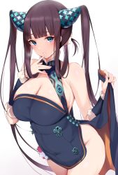 Rule 34 | 1girl, bare shoulders, black dress, blue eyes, blue gk, blunt bangs, blush, breasts, china dress, chinese clothes, cleavage, detached sleeves, dress, fate/grand order, fate (series), hair ornament, highres, large breasts, long hair, looking at viewer, parted lips, simple background, solo, twintails, very long hair, white background, yang guifei (fate), yang guifei (second ascension) (fate)