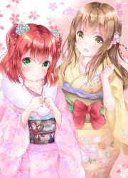Rule 34 | 10s, 2girls, :d, blush, brown hair, clenched hand, commentary request, floral background, flower, fur-trimmed kimono, fur trim, furisode, green eyes, hair flower, hair ornament, hands together, highres, inahori, japanese clothes, kanzashi, kimono, kunikida hanamaru, kurosawa ruby, long hair, looking at viewer, love live!, love live! school idol festival, love live! sunshine!!, multiple girls, nengajou, new year, obi, open mouth, red hair, sash, smile, twintails, wide sleeves, yellow eyes