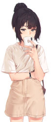 Rule 34 | 1girl, absurdres, apple inc., bag, beige shorts, black hair, blurry, cellphone, covering own mouth, grayfox, grey eyes, hair bun, highres, holding, holding phone, iphone, jewelry, looking at viewer, necklace, original, phone, ring, shirt, short hair, short sleeves, shorts, sidelocks, simple background, single hair bun, smartphone, solo, t-shirt, white background, white shirt