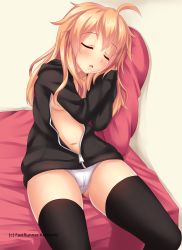 Rule 34 | 1girl, black thighhighs, breasts, cameltoe, closed eyes, gluteal fold, highres, hood, hoodie, medium breasts, messy hair, navel, no bra, no pants, nottytiffy, open clothes, open shirt, original, panties, shirt, sleeping, solo, thighhighs, tiffy (nottytiffy), underwear, unzipped, white panties