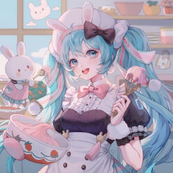 Rule 34 | 1girl, :&lt;, angel wings, animal, animal ear headwear, animal ears, apron, black bow, black collar, black shirt, black sleeves, blue eyes, blue hair, blue sky, blurry, blush stickers, bow, bowl, bowtie, brown eyes, buttons, center frills, chef hat, closed mouth, clothed animal, cloud, collar, collared dress, collared shirt, cowboy shot, cup, day, dress, dress bow, earrings, eyelashes, fake animal ears, frilled apron, frilled dress, frilled shirt collar, frilled sleeves, frills, green bow, green bowtie, green skirt, hair bow, hair ornament, hair scrunchie, hat, hatsune miku, highres, holding, holding bowl, holding spoon, holding whisk, icing, indoors, jewelry, jingli jingli, kitchen, layered shirt, light blush, long hair, mini wings, mittens, multiple hair bows, nail polish, open mouth, oven mitts, oversized object, pink bow, pink bowtie, pink dress, pink mittens, pink nails, pink skirt, plate, pocket, pom pom (clothes), pom pom earrings, puffy short sleeves, puffy sleeves, rabbit, rabbit ears, rose bush, scrunchie, shelf, shirt, short sleeves, single mitten, skirt, sky, smile, solid circle eyes, solo, spoon, striped clothes, striped shirt, striped skirt, tassel, teacup, teeth, traditional bowtie, twintails, two-tone bow, two-tone skirt, upper teeth only, vertical-striped clothes, vertical-striped shirt, vocaloid, whisk, white apron, white hat, white shirt, white wrist cuffs, window, wings, wrist cuffs